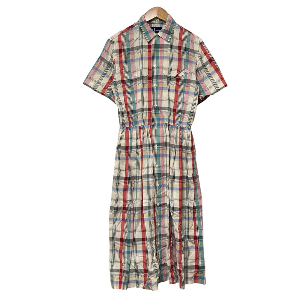 美品 Ralph Lauren ラルフローレン ヴィンテージ チェック ショートスリーブ シャツワンピース サイズ11 ベージュ マルチカラー レディース 古着 中古 USED