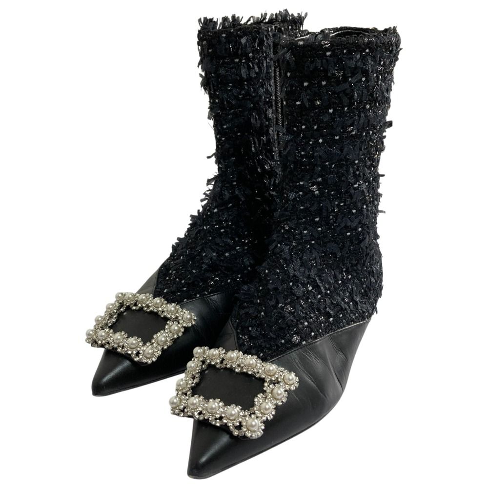 美品 PIPPICHIC ピッピシック ANNA JEWELRY BOOTS ツイード ショートブーツ サイズ36 23cm相当 ブラック レディース 古着 中古 USED