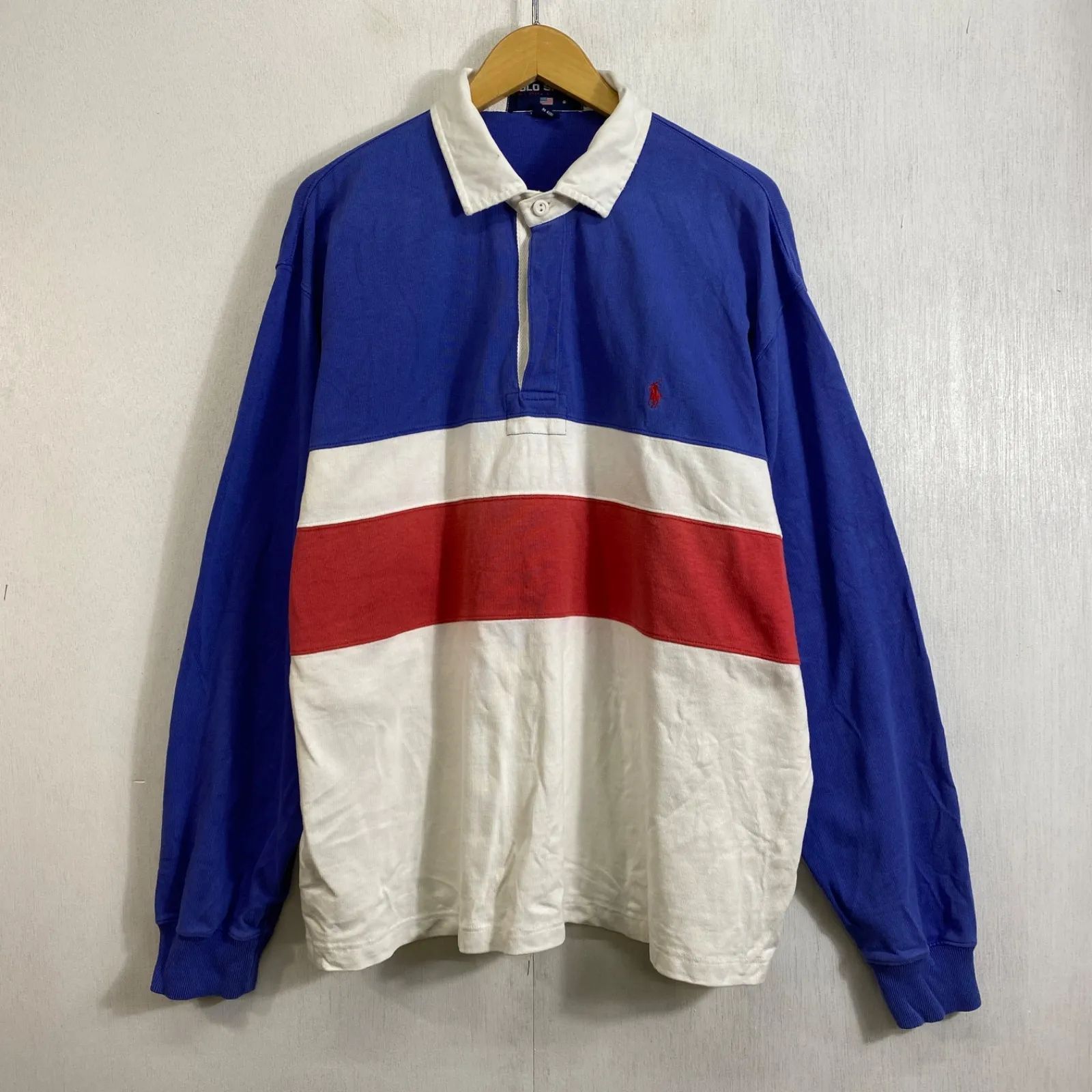 90s Polo Sport Ralph Lauren ラガーシャツ ボーダー トリコロール 切替 ポニー 刺繡 コットン 古着 VINTAGE ブルー ホワイト L E308 90s Polo Sport Ralph Lauren ラガーシャツ ボーダー トリコロール