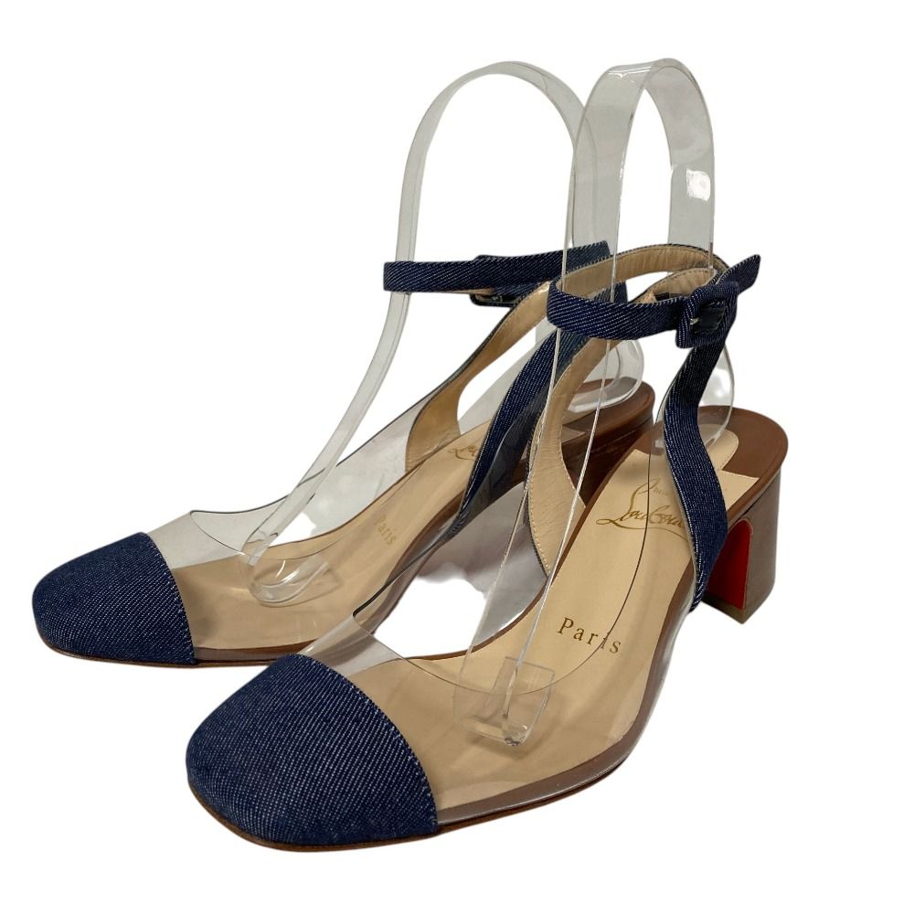 未使用 Christian Louboutin クリスチャンルブタン チャンキーヒール アンクルストラップ クリア パンプス サイズ35.5 ブルー ブラウン レディース 古着 中古 USED