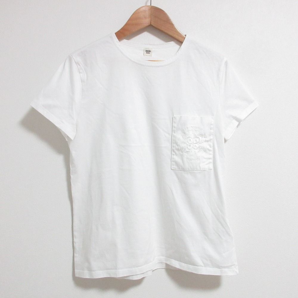 良品 HERMES エルメス エンブロイダリー ポケットTシャツ 36サイズ ホワイト レディース 古着 中古 USED