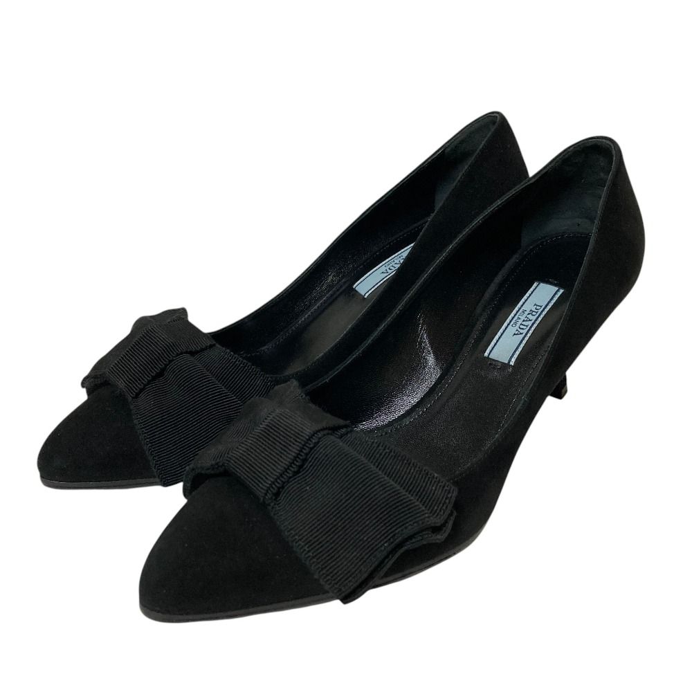 美品 PRADA プラダ リボン スエード ポインテッドトゥパンプス 11365D サイズ37.5 24cm相当 ブラック レディース 古着 中古 USED