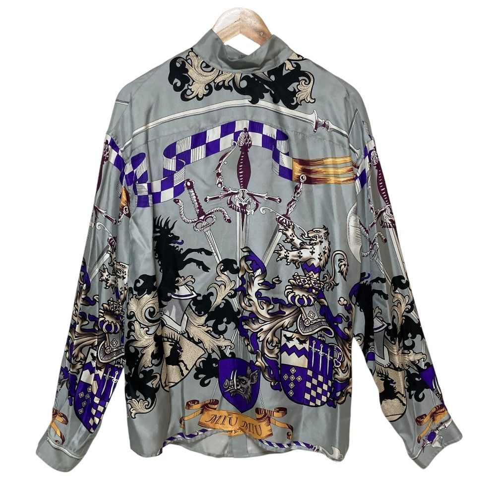 良品 Miu Miu ミュウミュウ バックボタン 総柄 オーバーサイズ シルクブラウス 42 グレー レディース 古着 中古 USED