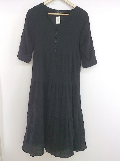 ◇ w closet ダブルクローゼット Vネック 七分袖 膝下丈 ワンピース サイズF ブラック レディース P 【中古】 【1208260013634】