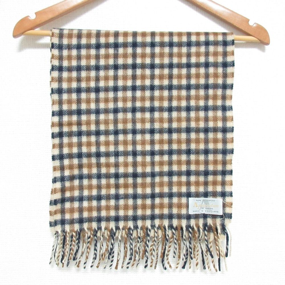 良品 Aquascutum アクアスキュータム スコットランド製 チェック柄 ピュアカシミヤ マフラー ベージュ ネイビー ブラウン メンズ レディース 古着 中古 USED
