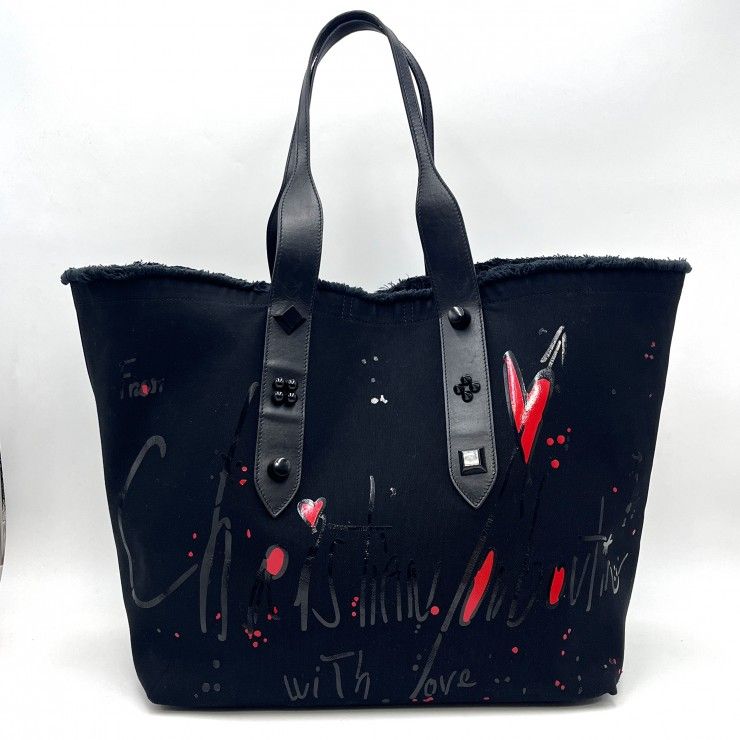 Christian Louboutin（クリスチャンルブタン）Cabata LOVE ヴィンテージ トートバッグ ブラック キャンバス レザー スタッズ ハート レディース【中古】