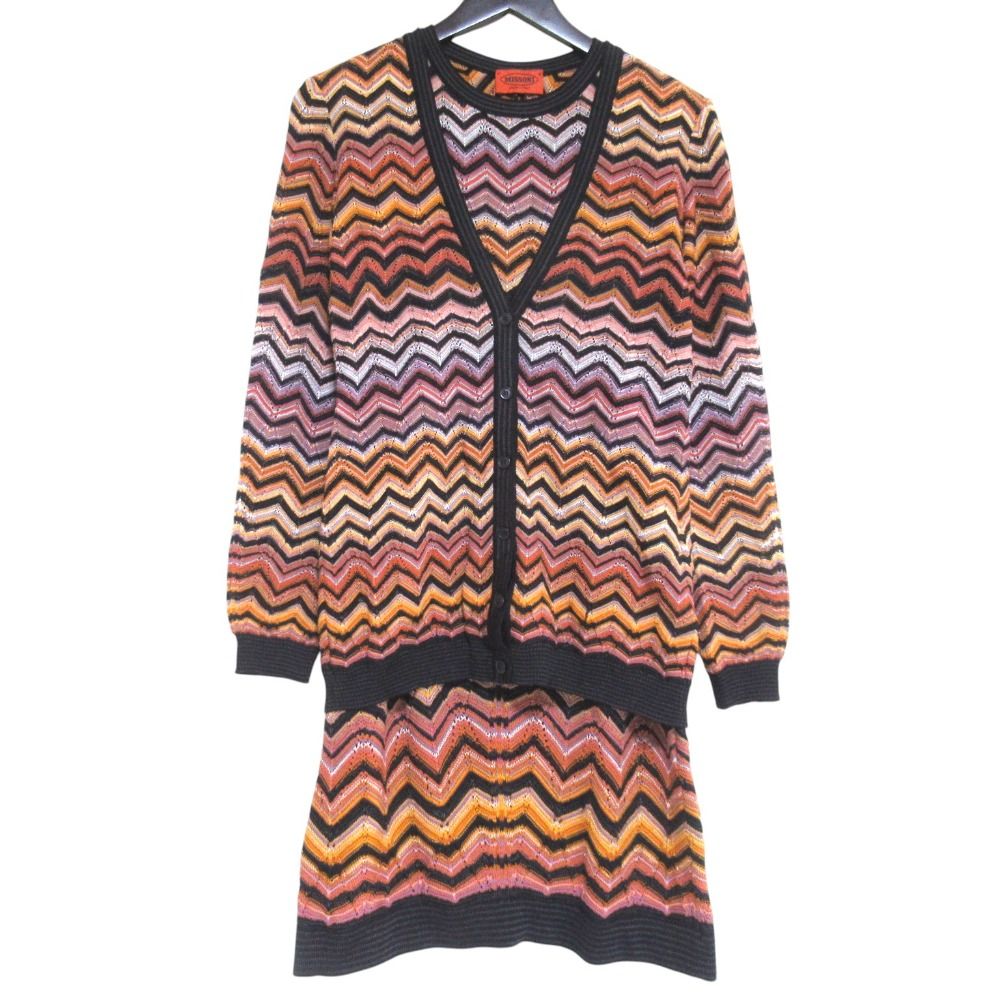 美品 MISSONI ミッソーニ シェブロン アンサンブルニット ワンピース+カーディガン サイズ42 マルチカラー レディース 古着 中古 USED