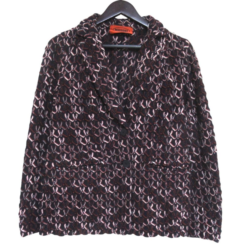 美品 MISSONI ミッソーニ 総柄 2B シングル ニット テーラードジャケット サイズ42 ネイビー マルチカラー レディース 古着 中古 USED 11,385円