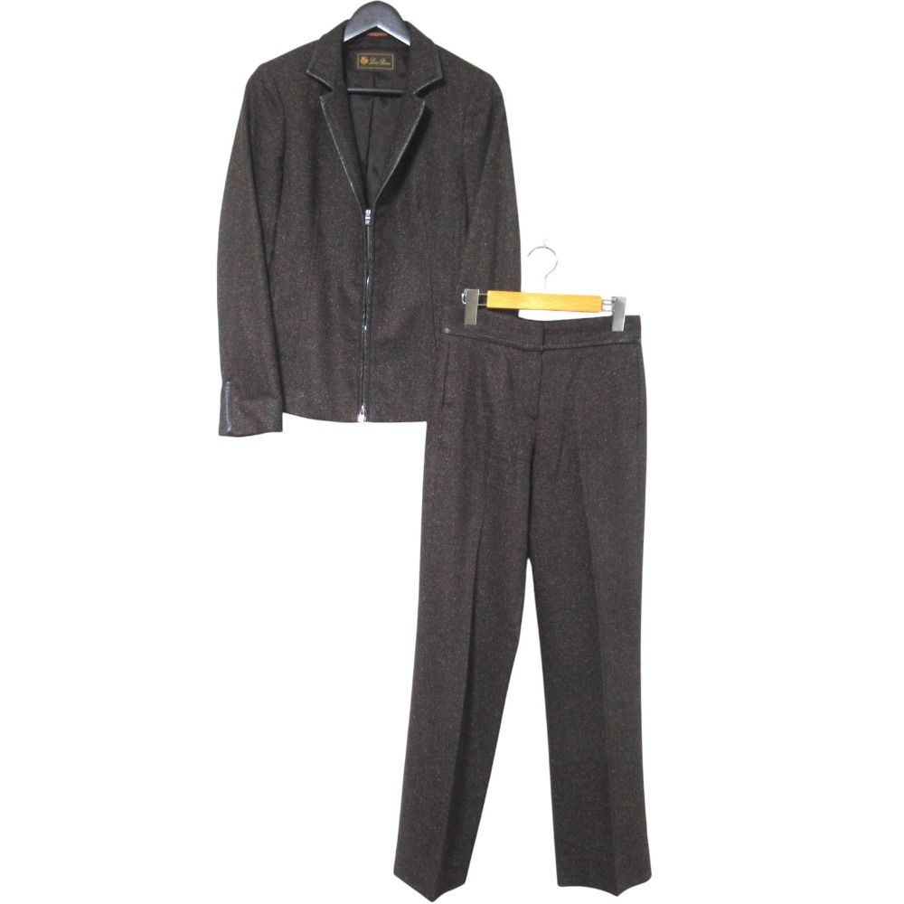 美品 Loro Piana ロロピアーナ ウール シルクブレンド レザーパイピング ジップジャケット+スラックスパンツ セットアップ ブラウン レディース 古着 中古 USED