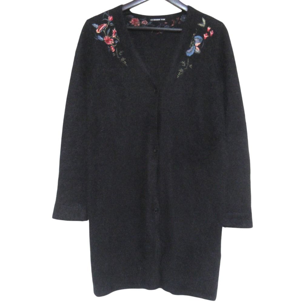 美品 VIVIENNE TAM ヴィヴィアンタム フラワーエンブロイダリー Vネック アンゴラ ニット カーディガン サイズ38 ブラック レディース 古着 中古 USED