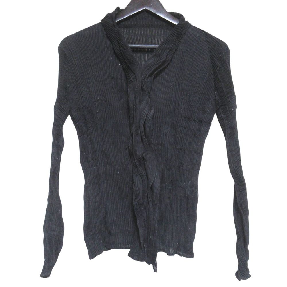 美品 ISSEY MIYAKE FETE イッセイミヤケ フェット 長袖 ラメプリーツ シアーブラウス IF62FJ285 サイズ02 ブラック レディース 古着 中古 USED