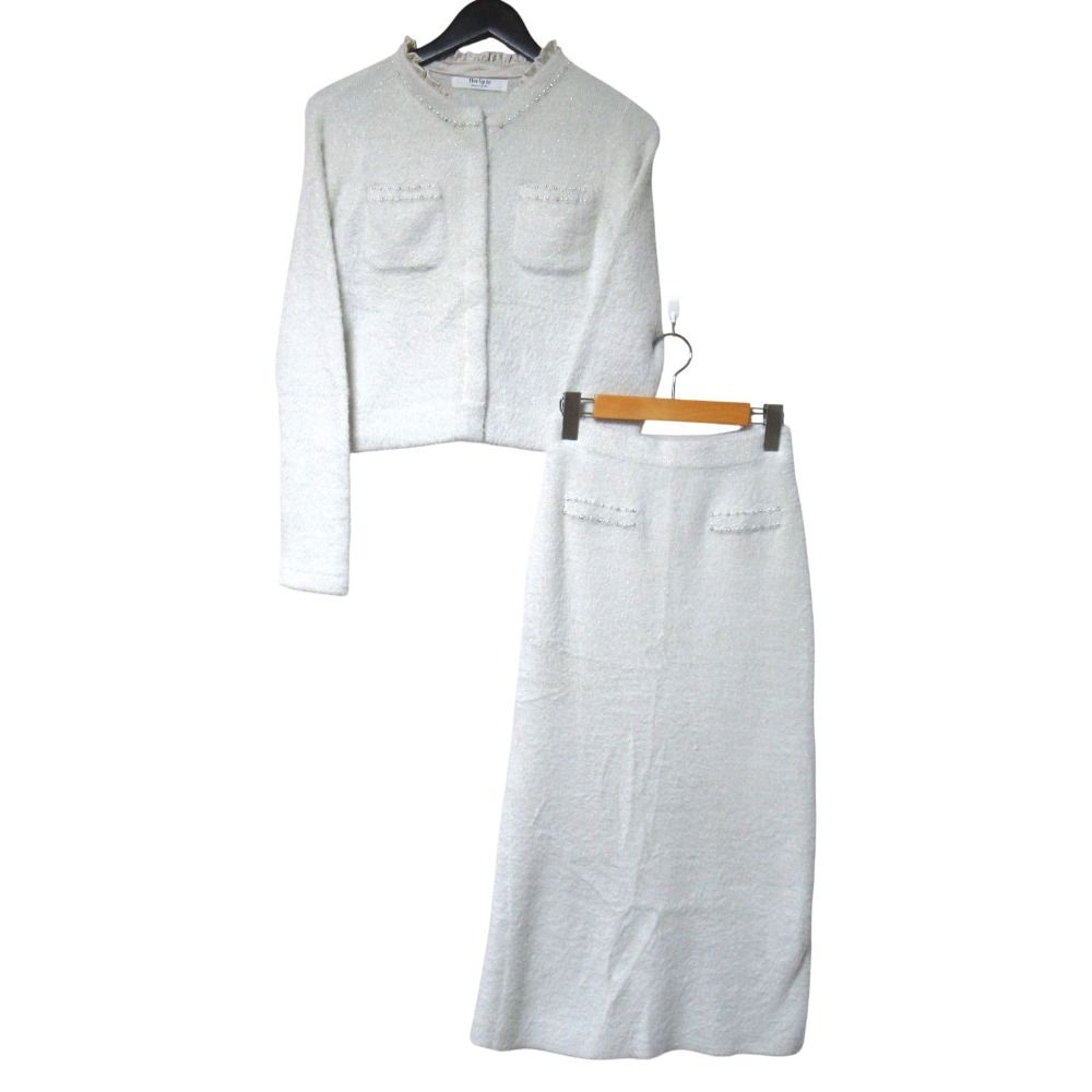 美品 25AW Herlipto ハーリップトゥ Corinthia Shaggy Knit ニットジャケット+スカート セットアップ 1254208175 S オフホワイト レディース 古着 中古 USED