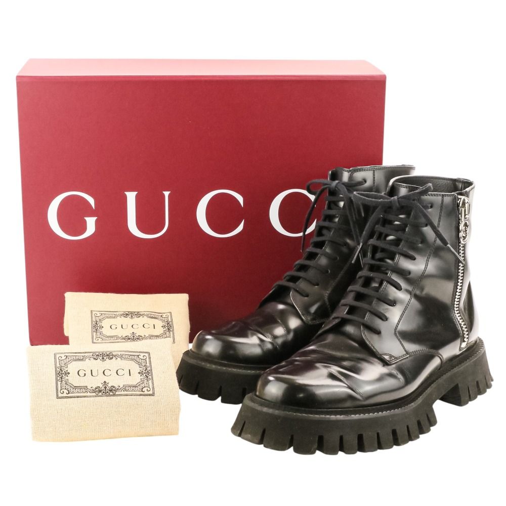 良品 GUCCI グッチ GGロゴ レザー サイドジップ ショートブーツ 699584 サイズ7 約24cm ブラック レディース 古着 中古 USED