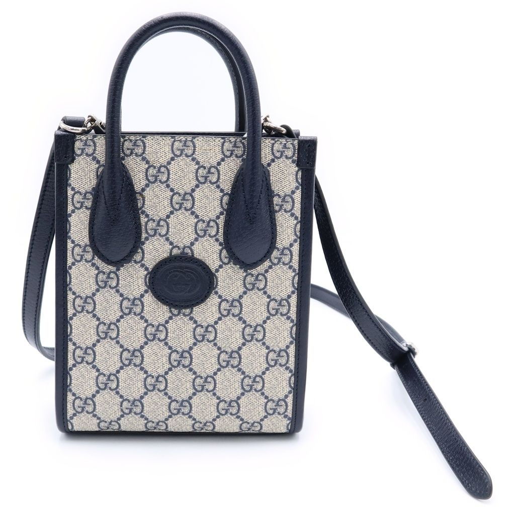 GUCCI (グッチ) インターロッキングG 2way ミニトートバッグ ショルダーバッグ ネイビー PVC×レザー 671623 シルバー金具