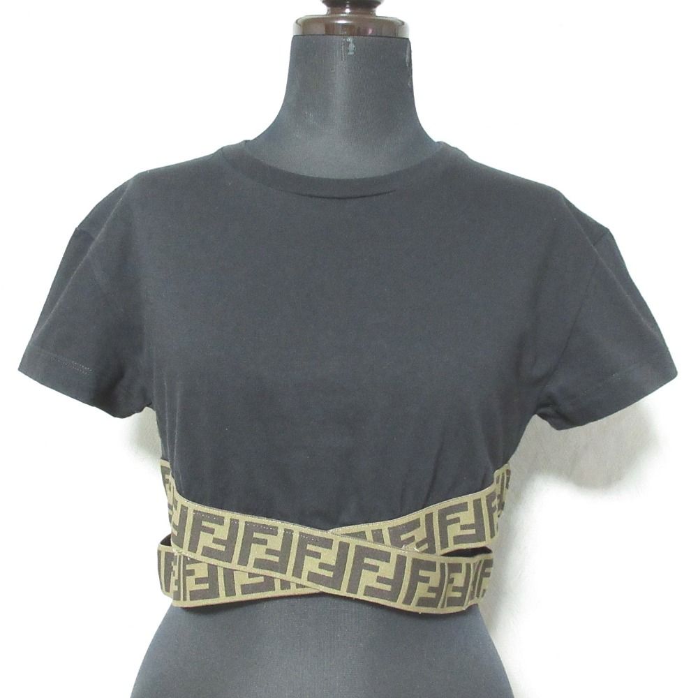 良品 FENDI kids フェンディキッズ ズッカ柄 クロップドカットソー JFI227 7AJ サイズ12+ ブラック キッズ 古着 中古 USED