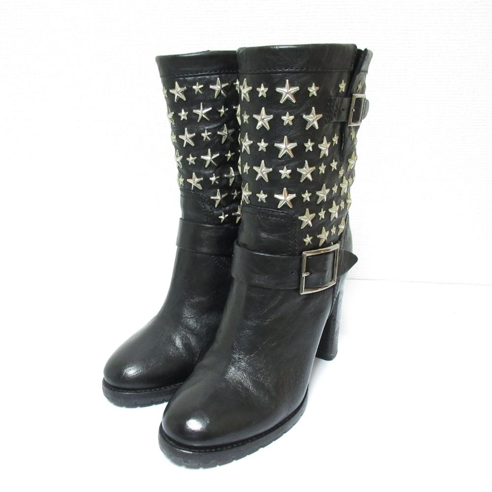 良品 JIMMY CHOO ジミーチュウ BIKER LEATHER W STARS スタースタッズ ショートブーツ 134 Dart サイズ38.5 約25.5cm ブラック レディース 古着 中古 USED