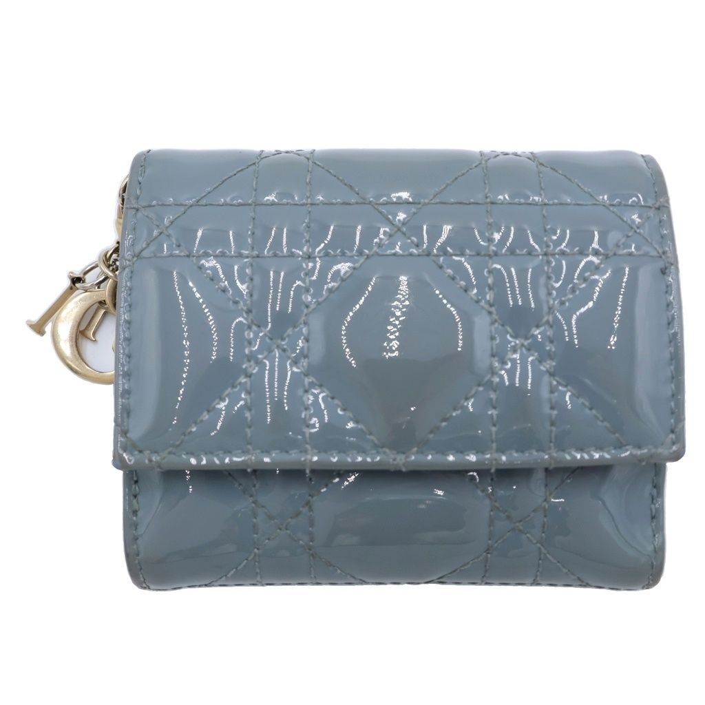 Christian Dior (クリスチャンディオール) ロータスウォレット 三つ折り財布 コンパクトウォレット コインケース スモーキーブルー カナージュ パテントレザー ゴールド金具