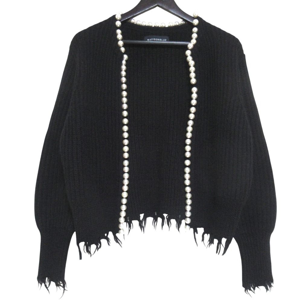 美品 MADISONBLUE マディソンブルー PEARL DAMAGE CARDIGAN パール ダメージ ニットカーディガン MB224-B012 XS ブラック レディース 古着 中古 USED