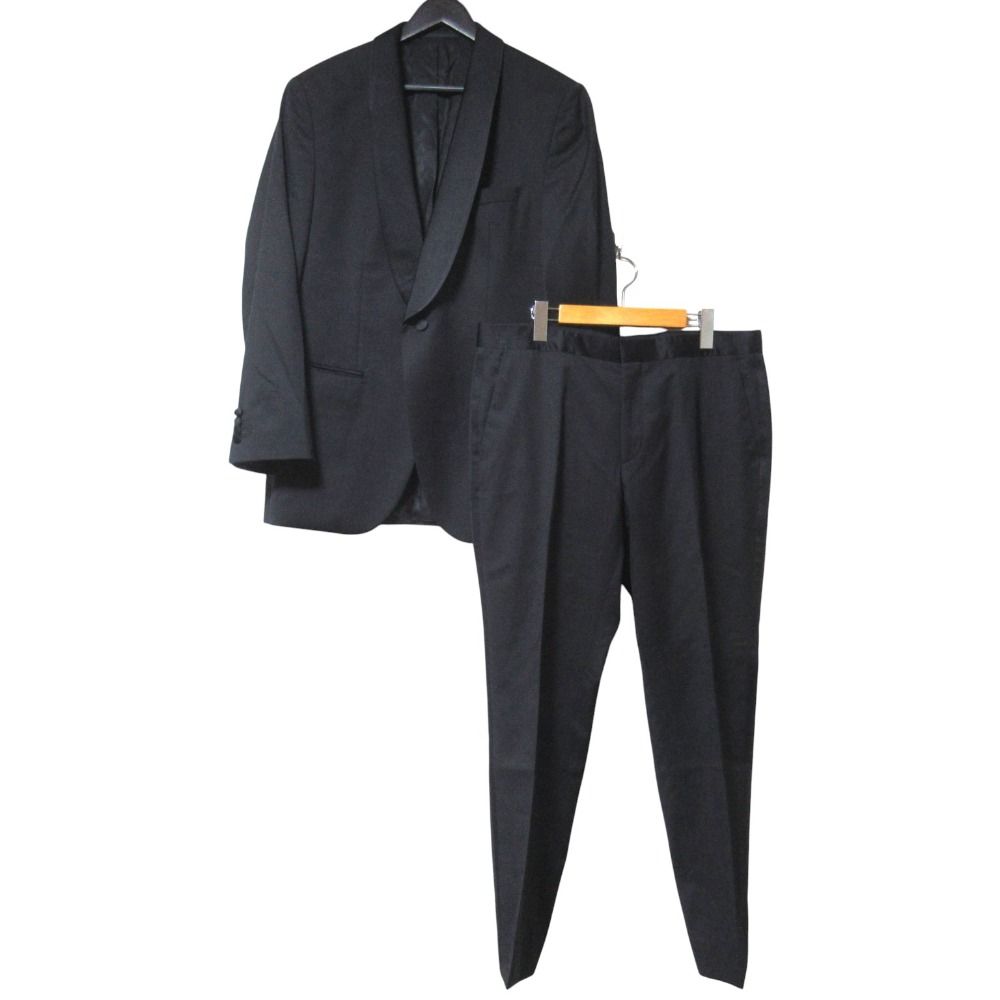 美品 HUGO BOSS ヒューゴボス Super120'S タキシード テーラードジャケット スラックスパンツ スーツ セットアップ サイズ52 ブラック メンズ 古着 中古 USED