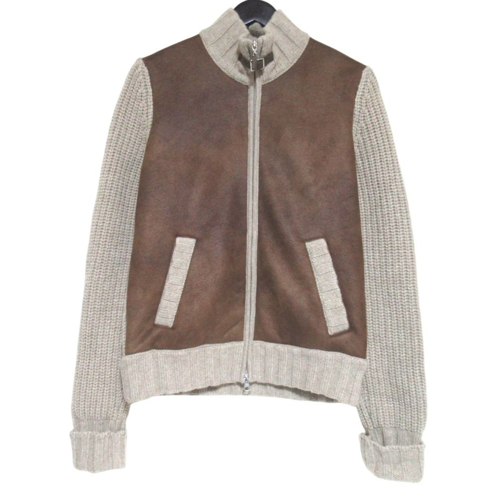 美品 GRAN SASSO グランサッソ フェイクムートン切替 ドライバーズニットジャケット サイズ46 ベージュ×ブラウン メンズ 古着 中古 USED