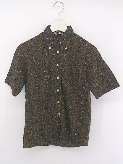 ◇ WEATHERRCOCK 総柄 ボタンダウン BD 半袖 シャツ サイズL グリーン ブラウン レディース P 【中古】 【1208300001041】