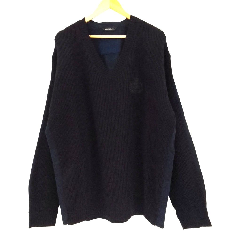 美品 23AW BALENCIAGA バレンシアガ Hybrid V-Neck Shirt ドッキングニット 704271 サイズXS ネイビー メンズ 古着 中古 USED