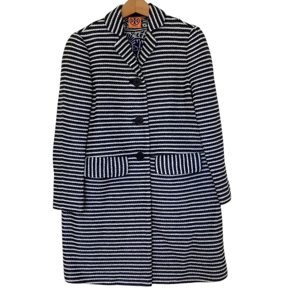 美品 TORY BURCH トリーバーチ ボーダー ロングコート XS ネイビー ホワイト レディース 古着 中古 USED