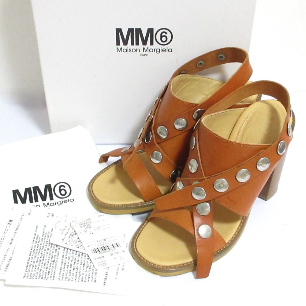 良品 MM6 Maison Margiela メゾンマルジェラ ウッドヒール スタッズ ハイヒール レザーサンダル 40WP0092 37 23.5cm相当 ブラウン レディース 古着 中古 USED