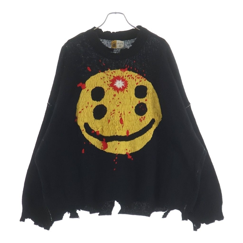 SAINT MICHAEL (セントマイケル) 24AW CP CREW KNT SMILE スマイル ダメージ加工プルオーバーニット セーター ブラック SM-YS1-0000-C07