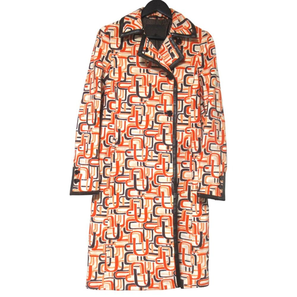 良品 PRADA プラダ ヴィンテージ レザーパイピング 総柄 チェスターコート サイズ40 オレンジ系 マルチカラー レディース 古着 中古 USED