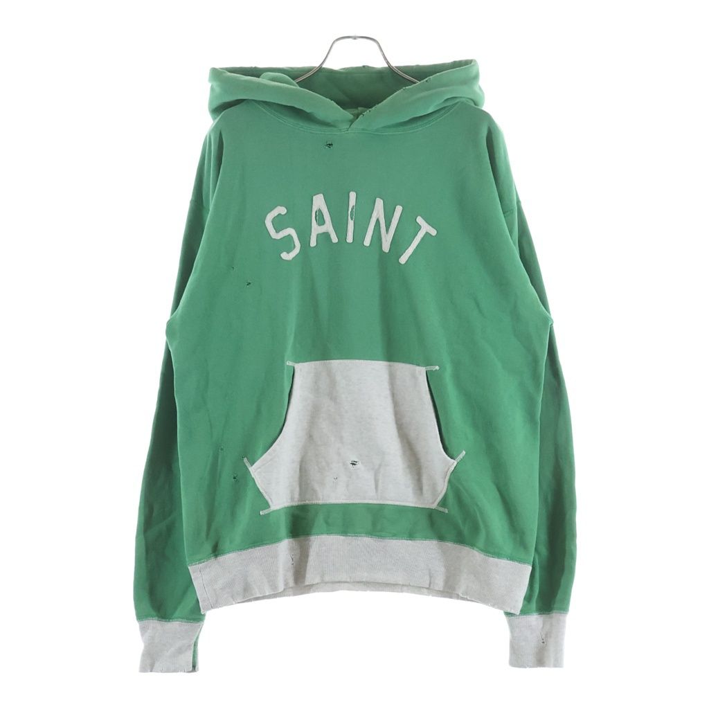 SAINT MICHAEL (セントマイケル) 22SS HOODIE FELT USED加工 フェルトロゴパーカー ダメージ加工 プルオーバースウェットパーカー グリーン SM-S22-0000-041
