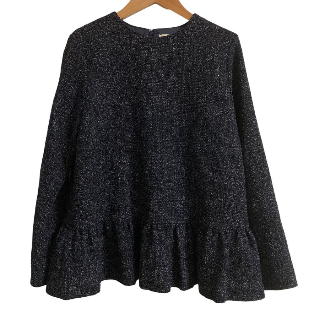 美品 UNITED ARROWS ユナイテッドアローズ ギャザー ペプラム ツイードブラウス サイズ38 ネイビー レディース 古着 中古 USED
