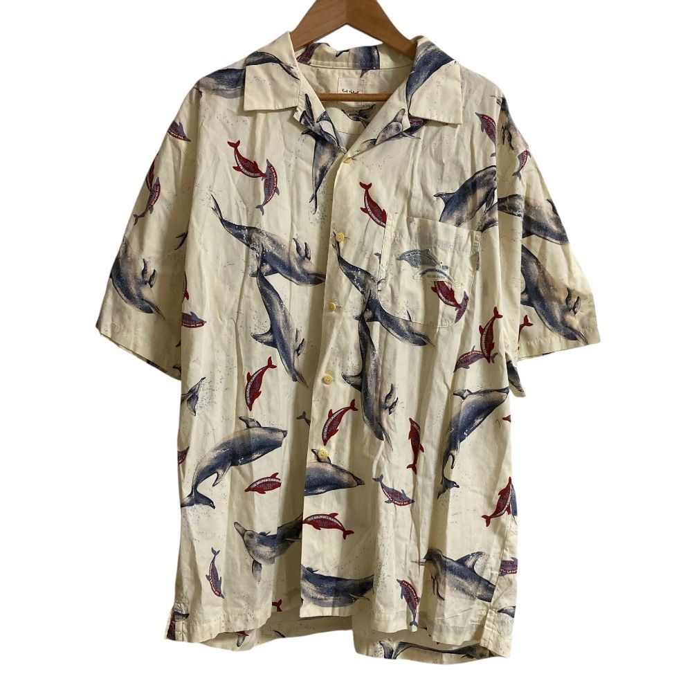美品 KarlHelmut カールヘルム クジラ柄 イルカ柄 オープンカラーシャツ Mサイズ ベージュ メンズ 古着 中古 USED