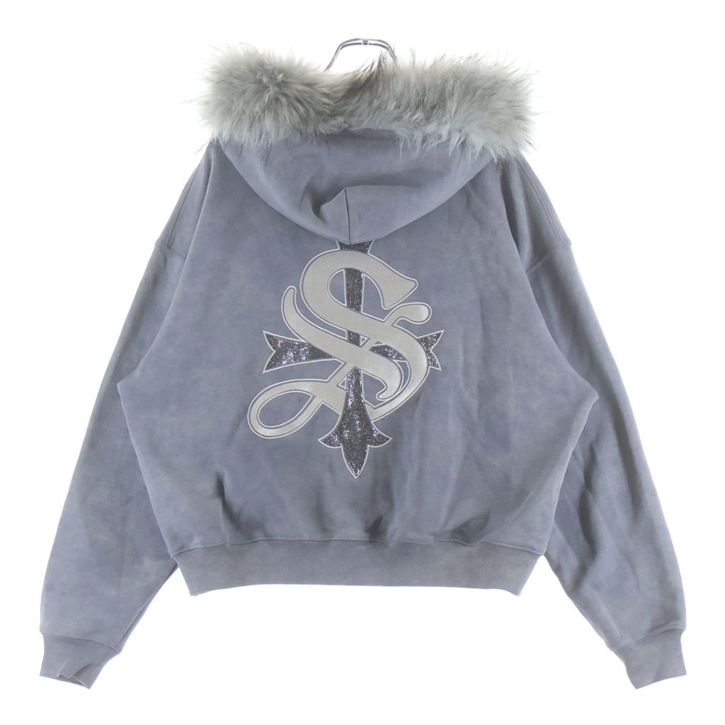 SUPPLIER (サプライヤ) Faux Fur Cross Zip Hoodie フェイクファー ラインストーンクロス ジップアップフーディー パーカー グレー