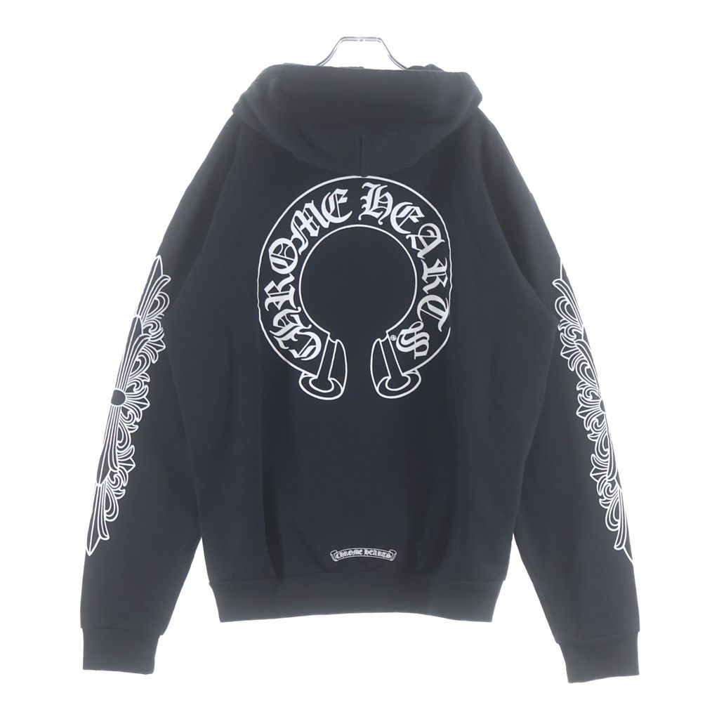 CHROME HEARTS (クロムハーツ) SWTSHRT PLVR 袖フローラル バックホースシュープリント スウェット プルオーバーパーカー ブラック
