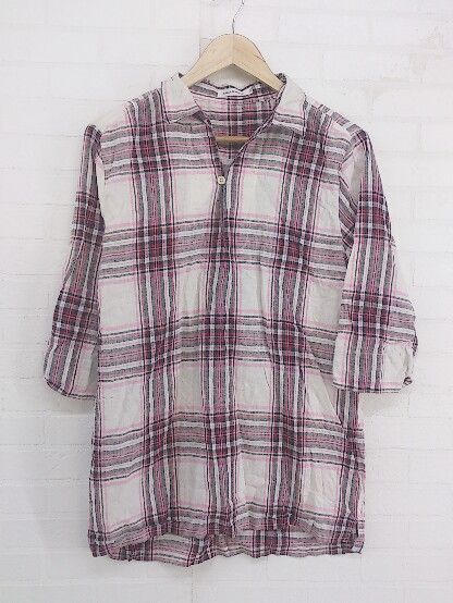 ◇ URBAN RESEARCH チェック リネン混 八分袖 ブラウス カットソー サイズ38 ホワイト レッド マルチ レディース P 【中古】 【1209080003157】