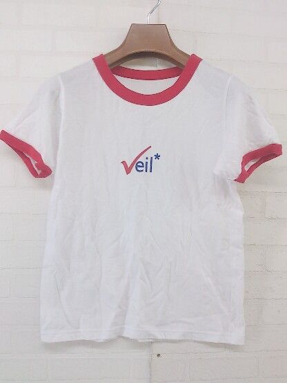◇ VEIL ヴェール カラーリブ ロゴプリント 半袖 Tシャツ カットソー ホワイト レッド レディース P 【中古】 【1209300009709】