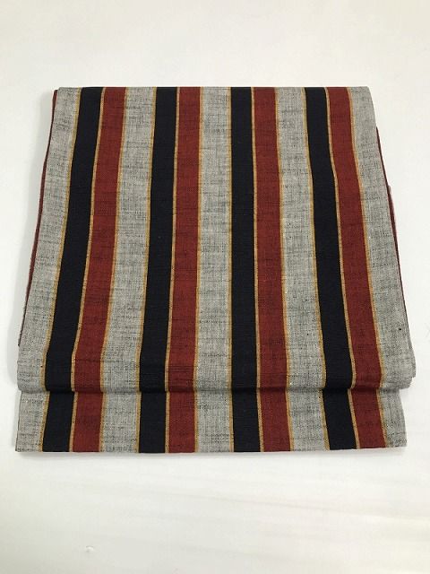 【中古】名古屋帯 綿 グレー地に縞文様