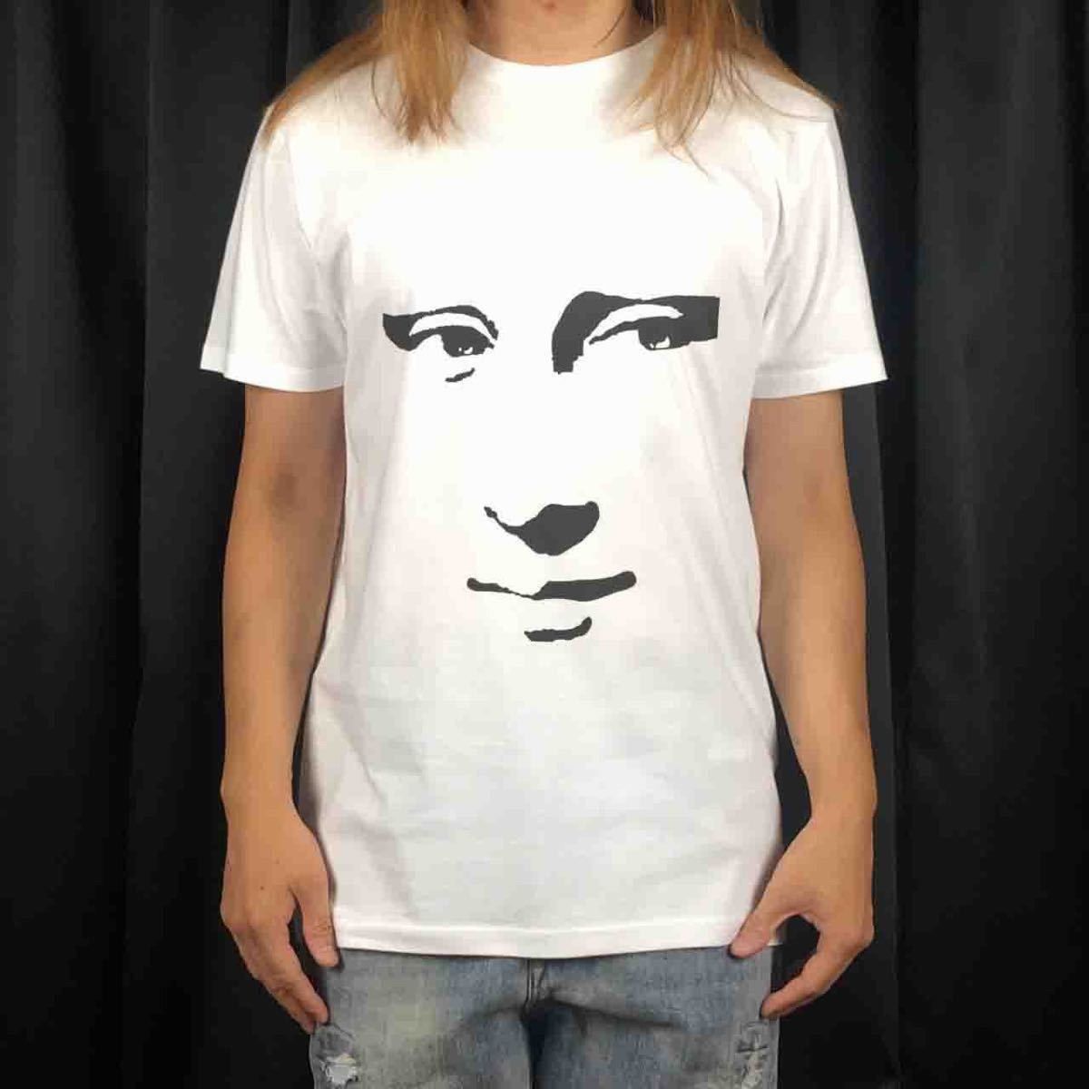 オリジナル Tシャツ ビッグ プリント モナリザ 顔フェイス パーツ レオナルドダヴィンチ アート Tシャツ S M L XL タイト ジャスト 大きい ビッグ オーバーサイズ メンズ レディース ユニセックス ピンククリーム