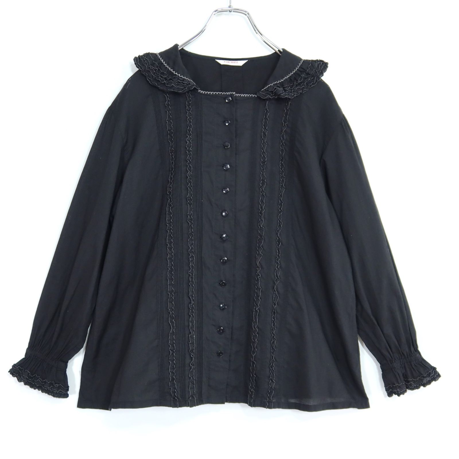【美品】ピンクハウス★フリル使いローンブラウス 黒系 前開き 配色ピコレース♪無地 z20049