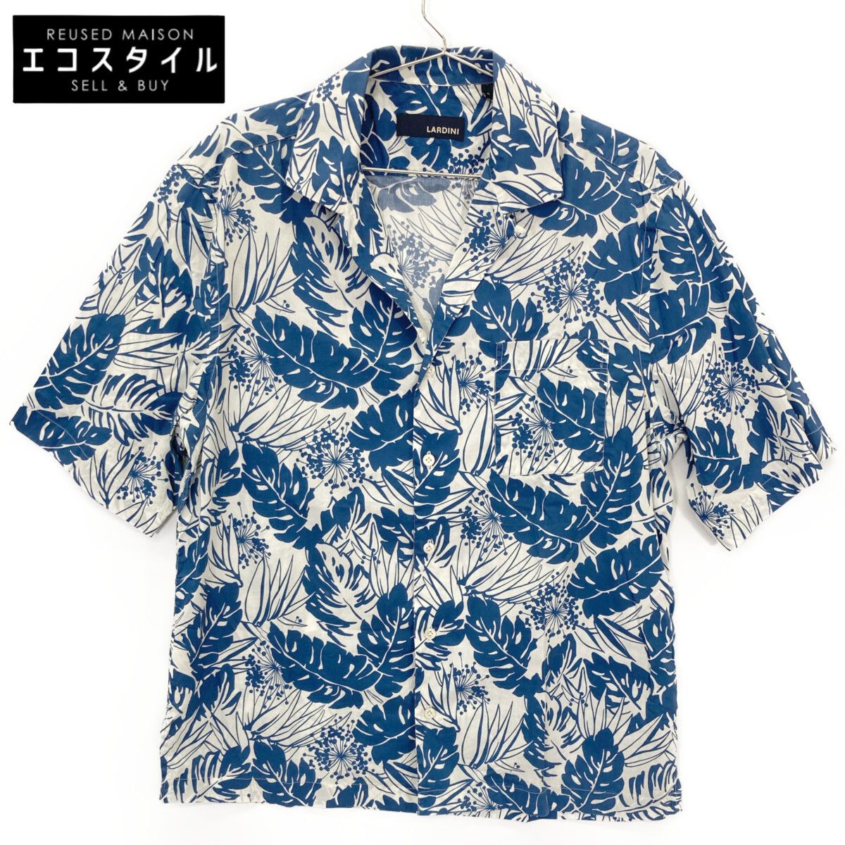 LARDINI　ラルディーニ　ブルー リーフプリント オープンカラーシャツ　S