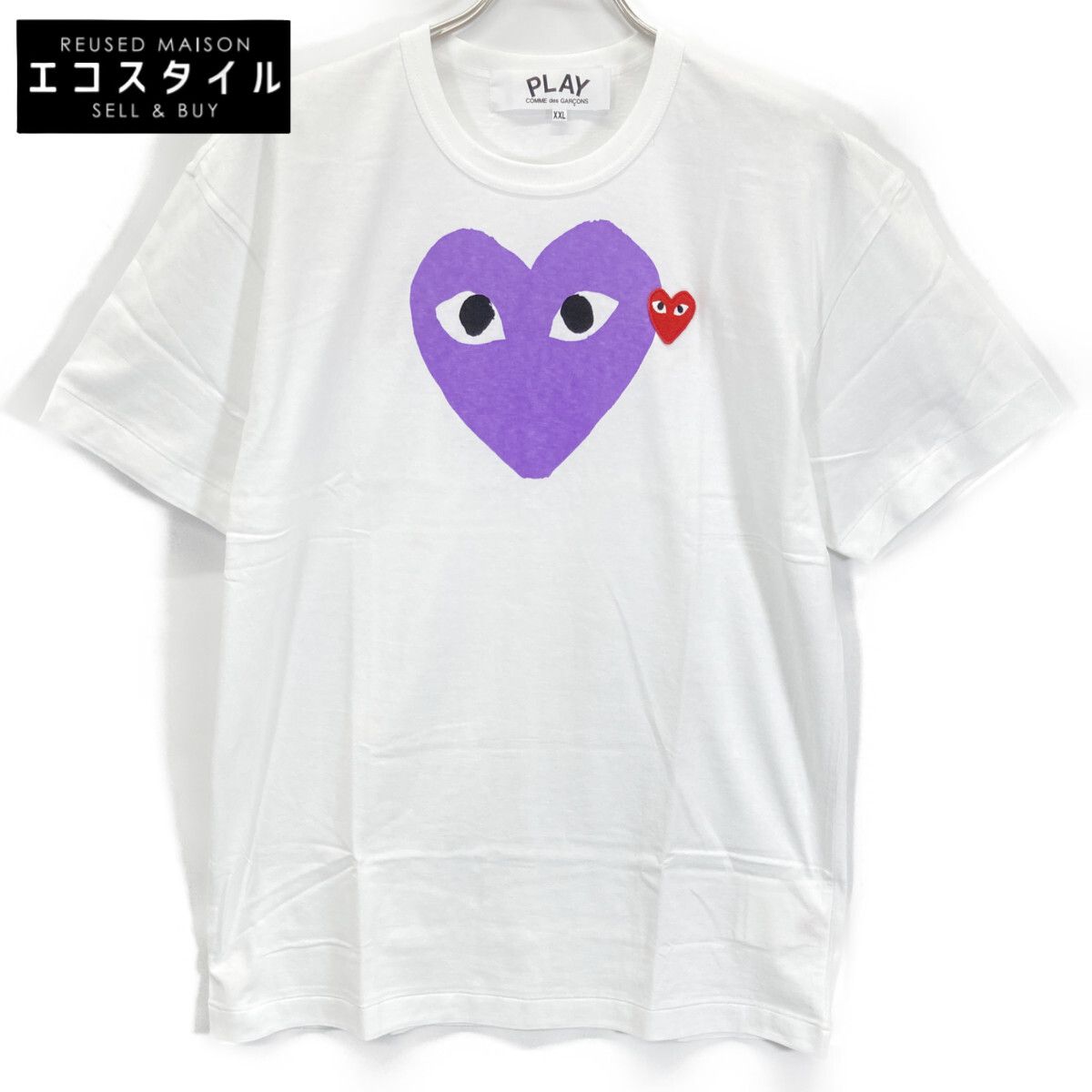 PLAYCOMMEdesGARCONS　プレイコムデギャルソン　AZ-T106 ホワイト パープル×レッド ダブルハート 半袖 Tシャツ　XXL