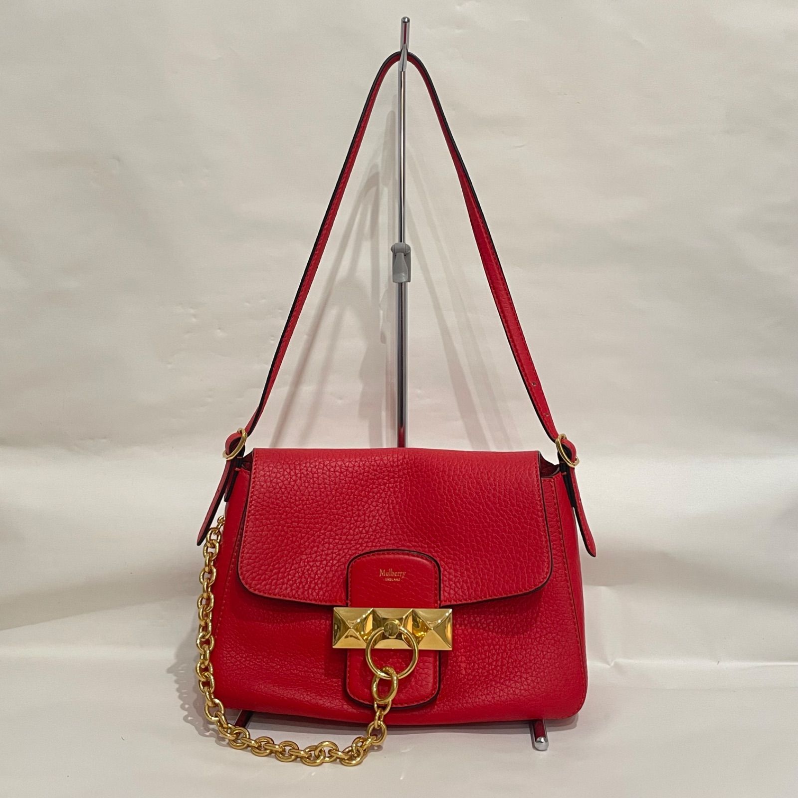 MULBERRY (マルベリー) KEELEY キーリー ピラミッド型スタッズ＆メタルチェーン ハンドバッグ・ワンショルダーバッグ レッド