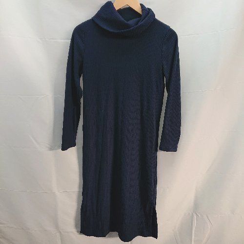 ◇ ROPE’ PICNIC リブニット ストレッチ タイト サラサラ生地 スリット 長袖 ロング ワンピース サイズ38 ネイビー E 【1301260034286】