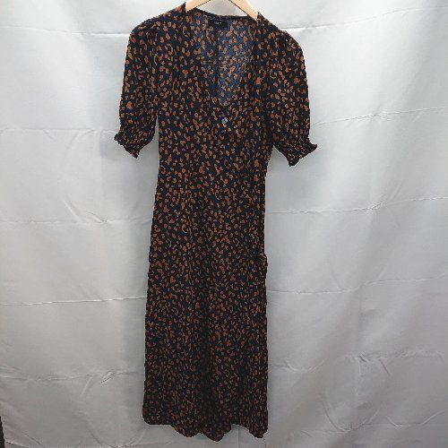 ◇ BASEMENT シフォン パフスリーブ 豹柄 ドレス Vネック マキシ レオパード ワンピース FREEサイズ ネイビー レディース E 【1301260039489】