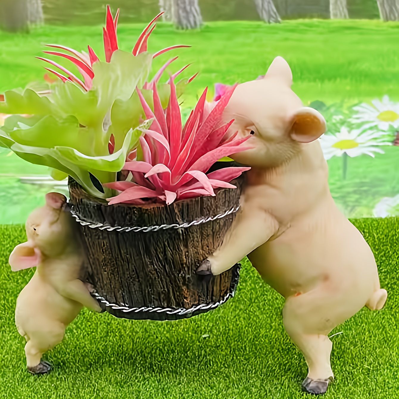 鉢植え 植木鉢 プランター プラントポット フラワーポット ガーデニング 樹脂 屋内 屋外 インテリア 庭 玄関 タルを運んでいるブタの親子 ぶた 豚 多肉植物 サボテン 可愛い ユニークデザイン