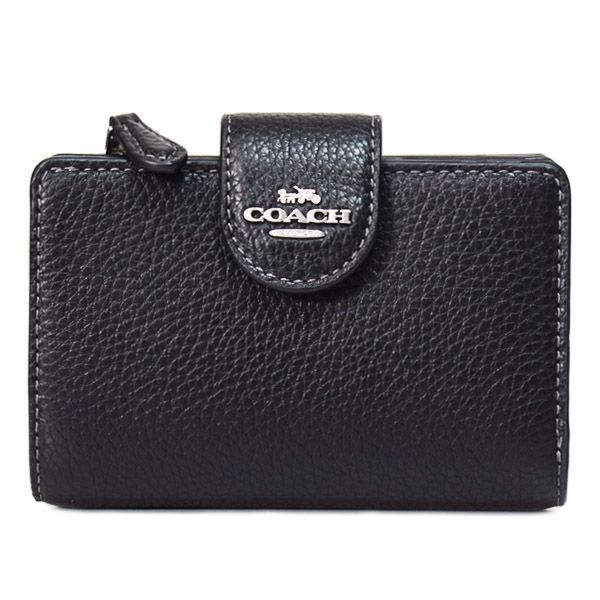 コーチ 財布 COACH ぺブルレザー ロゴ ミディアム コーナー ジップ ウォレット 二つ折り財布 シルバー×ブラック CBO41