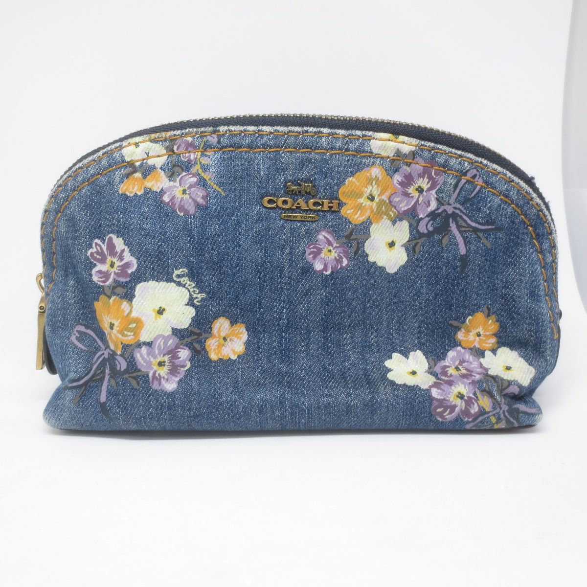 E437 COACH コーチ ブルー デニム 花柄 ポーチ - メルカリ