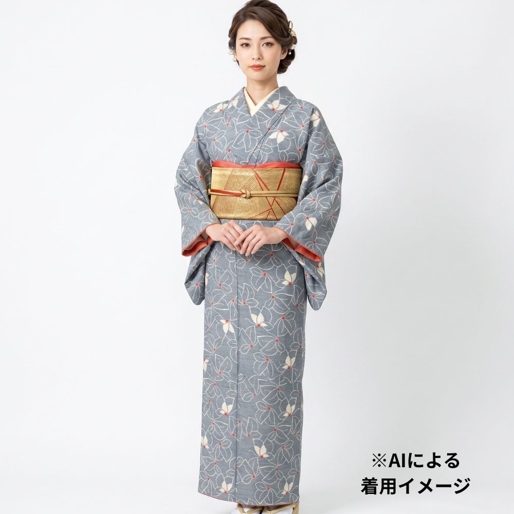 紬 正絹 未使用 リユース 中古 十日町紬 袷 グレー 白 赤 絣文様