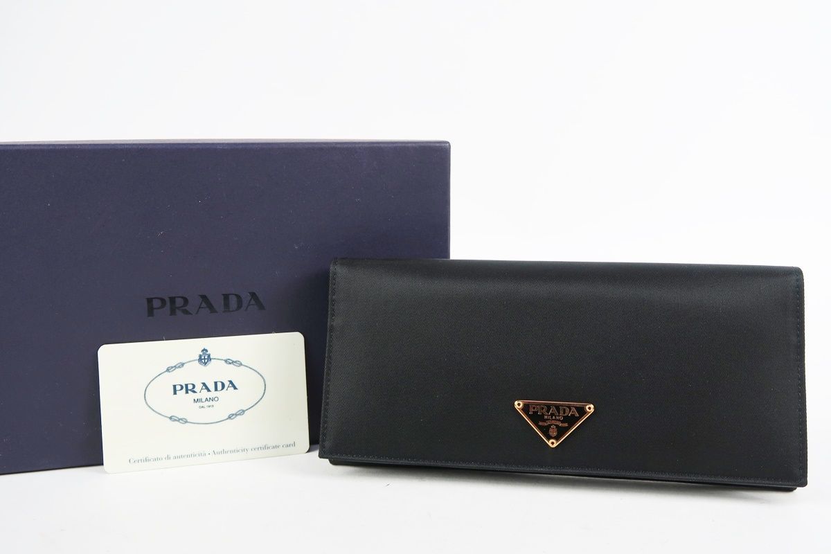 【新品同様・未使用】PRADA プラダ ナイロン×レザー 二つ折り長財布 ブラック ブランドウォレット 小物【RI33】